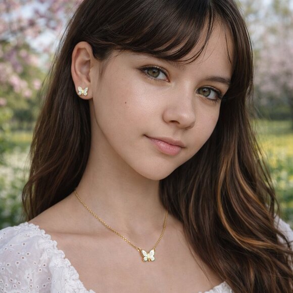 18K Gold Plated Mother Of Pearl Butterfly Necklace And Stud Earrings Set Spring - Picture 11 of 16